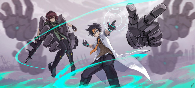 Обои картинки фото аниме, оружие,  техника,  технологии, фон, взгляд, девушка