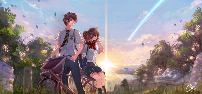 Обои картинки фото аниме, kimi no na wa, фон, взгляд, девушка