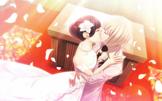 Обои картинки фото аниме, clock zero, поцелуй, жених, и, невеста, свадебное, платье, шлейф, лепестки, art, алтарь, clock, zero, nadeshiko, kurou, церковь, philosopher, бусы, nagaoka, свадьба