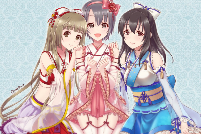 Обои картинки фото аниме, idolm@ster, взгляд, фон, девушки