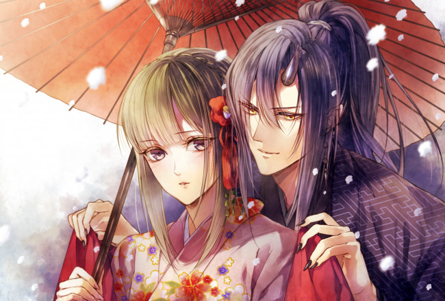 Обои картинки фото аниме, животные,  существа, когти, otogaki, yoro, рог, ёкай, art, кимоно, зонт, челка, снег, двое