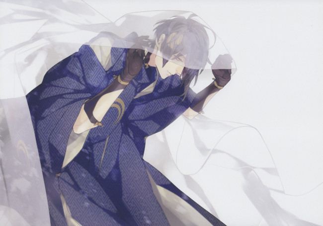 Обои картинки фото аниме, touken ranbu, mikazuki, munechika, парень, кимоно, покрывало, art, серый, фон, fumi, takamura, танец, мечей, перчатки, touken, ranbu