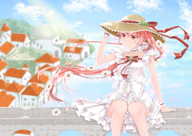 Обои картинки фото аниме, город,  улицы,  здания, девушка, фон, взгляд