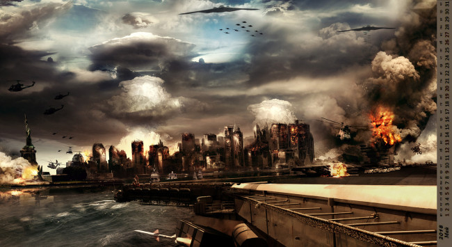 Обои картинки фото календари, фэнтези, город, бомбардировка