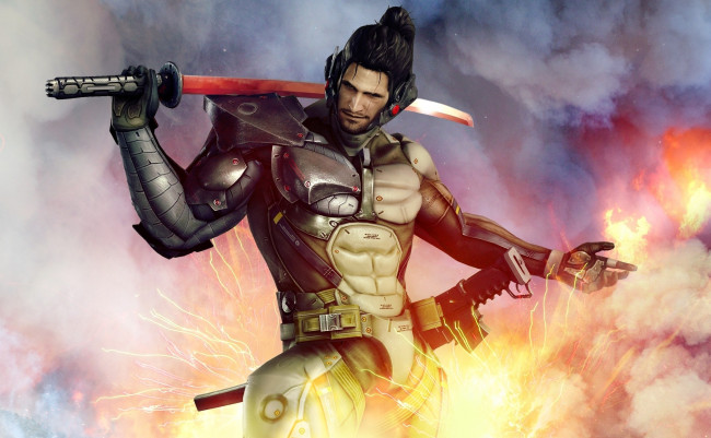 Обои картинки фото видео игры, metal gear rising,  revengeance, воин, огонь, меч, броня, киборг