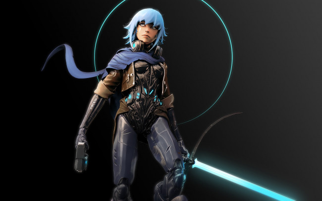 Обои картинки фото фэнтези, роботы,  киборги,  механизмы, девушка, фон, взгляд