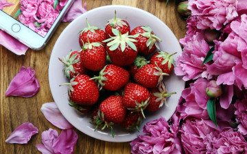 Картинка еда клубника +земляника пионы
