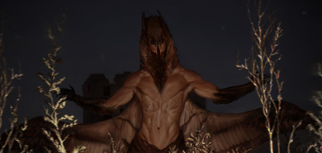 Обои картинки фото фэнтези, существа, существо, фон, голова, крылья