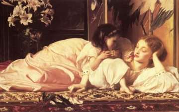 Картинка mother+and+child+-+lord+frederic+leighton рисованное frederick+leighton женщина девочка ковер