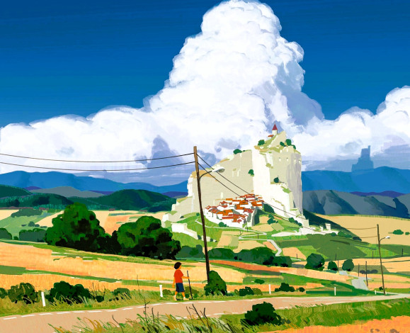 Обои картинки фото рисованное, дети, небо, облака, гора, город, дороги, мальчик, провода