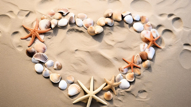 Обои картинки фото разное, ракушки,  кораллы,  декоративные и spa-камни, сердечко, песок