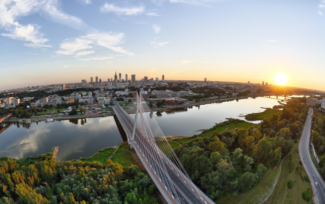 Обои картинки фото warsaw, poland, города, варшава, польша, swietokrzyski, bridge, holy, cross, река, висла, мост, закат, панорама