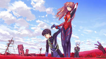 Картинка аниме evangelion руины парень девушки neon genesis shirakawa mayo арт soryu asuka langley ikari shinji ayanami rei