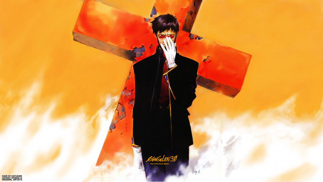 Обои картинки фото аниме, evangelion, профессор, gendo, ikari, огонь, крест, очки, перчатки