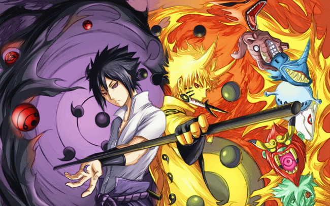 Обои картинки фото аниме, naruto, sharingan, bijuu, sasuke, uchiha, uzumaki, art