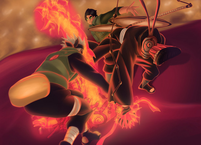 Обои картинки фото аниме, naruto, какаши, хатаке, бой, гай, обито, учиха