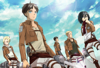 Картинка аниме shingeki+no+kyojin shingeki no kyojin вторжение гигантов eren yeager mikasa ackerman annie leonhardt reiner braun marco bodt fan art клинки небо форма