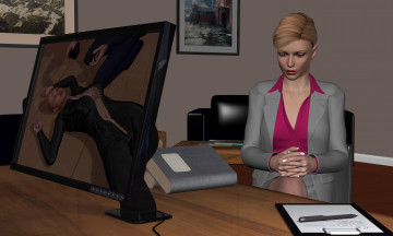 Картинка she+wolf+ii 3д+графика фантазия+ fantasy стол фон взгляд девушка картины книги