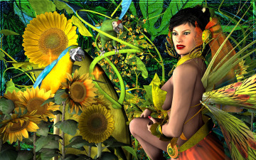 Картинка 3д+графика люди+ people девушка взгляд фон подсолнухи растение попугаи