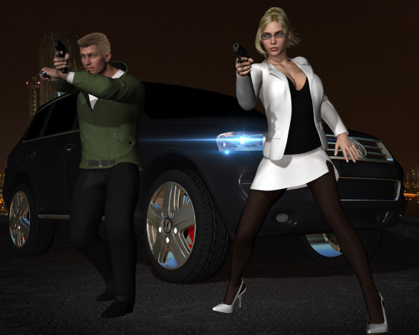 Обои картинки фото she wolf ii, 3д графика, фантазия , fantasy, девушка, взгляд, фон, оружие, мужчина, автомобиль