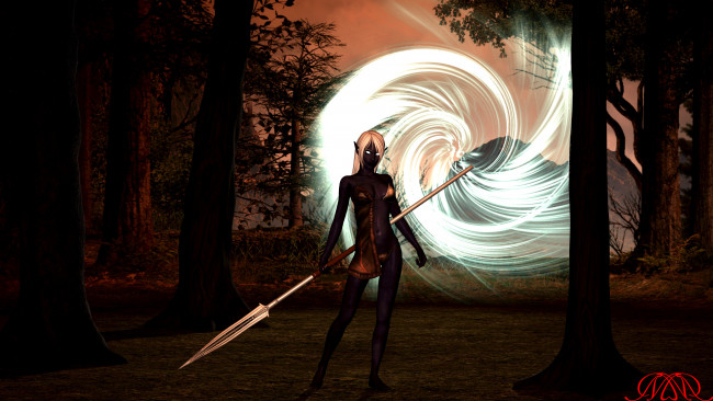 Обои картинки фото 3д графика, эльфы , elves, эльфийка, взгляд, фон, оружие, лес, горы