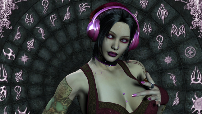 Обои картинки фото 3д графика, люди , people, девушка, взгляд, фон, наушники