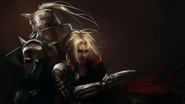 Обои картинки фото аниме, fullmetal alchemist, anime, fullmetal, alchemist, стальной, алхимик, парень, доспех, edward, elric, alphonse, al, братья, leopinheiro, арт