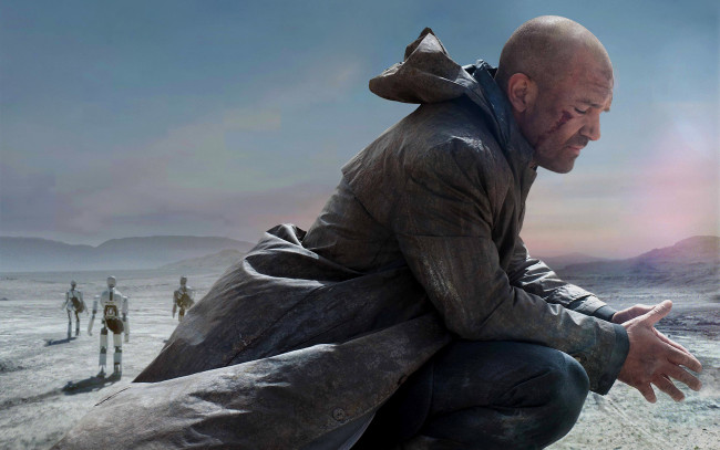 Обои картинки фото кино фильмы, automata, антонио, бандерас, фантастика, роботы, песок, пустыня, плащ, страховщик, antonio, banderas