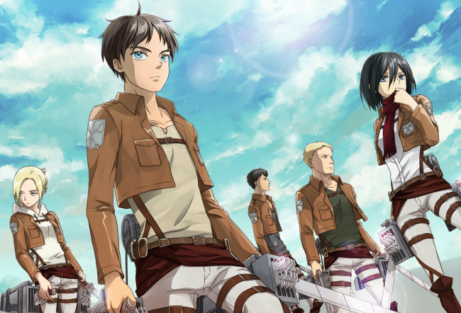 Обои картинки фото аниме, shingeki no kyojin, shingeki, no, kyojin, вторжение, гигантов, eren, yeager, mikasa, ackerman, annie, leonhardt, reiner, braun, marco, bodt, fan, art, клинки, небо, форма