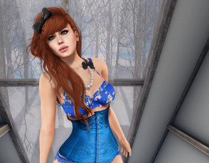 Картинка 3д+графика люди+ people интерьер рыжая фон взгляд девушка