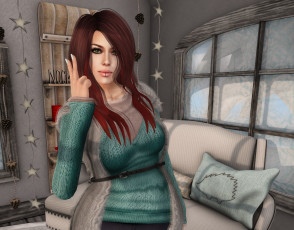 Картинка 3д+графика люди+ people взгляд интерьер фон рыжая девушка
