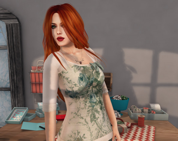 Обои картинки фото 3д графика, люди , people, рыжая, интерьер, фон, взгляд, девушка