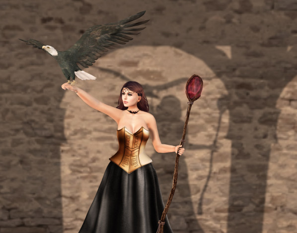 Обои картинки фото 3д графика, фантазия , fantasy, орел, тотем, фон, взгляд, девушка