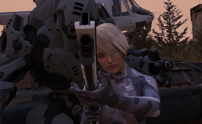 Обои картинки фото 3д графика, фантазия , fantasy, фон, оружие, взгляд, девушка