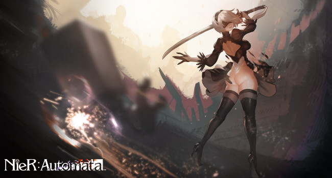 Обои картинки фото видео игры, nier,  automata, девушка, фон, маска, меч