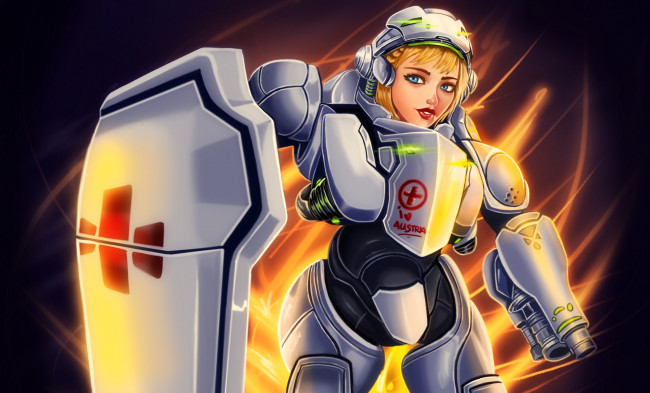 Обои картинки фото рисованное, комиксы, девушка, робот, фон, взгляд