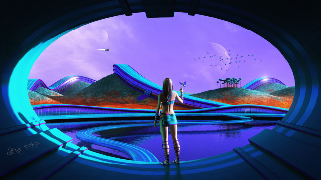 Обои картинки фото 3д графика, фантазия , fantasy, фон, взгляд, девушка