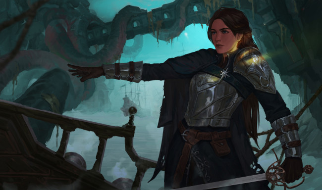Обои картинки фото фэнтези, девушки, девушка, фон, латы, меч