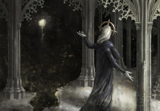 Картинка фэнтези существа руки луна здание