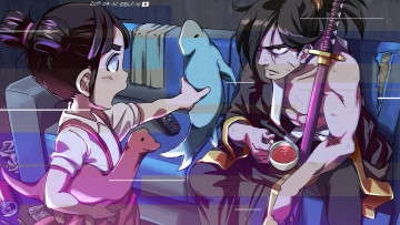 обоя видео игры, katana zero, девочка, игрушки, диван, парень, меч, чашка