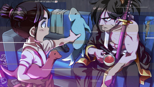 Обои картинки фото видео игры, katana zero, девочка, игрушки, диван, парень, меч, чашка