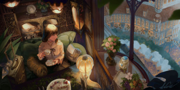 Картинка аниме город +улицы +интерьер +здания девушка