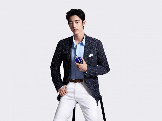 Обои картинки фото мужчины, xiao zhan, актер, пиджак, флакон, табурет