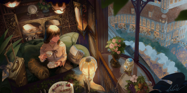 Обои картинки фото аниме, город,  улицы,  интерьер,  здания, девушка