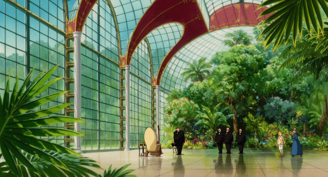 Обои картинки фото аниме, howl`s moving castle, кресло, люди, сад, дворец