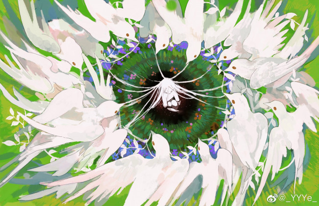 Обои картинки фото аниме, животные,  существа, птицы, девочка, волосы