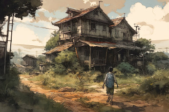 Картинка аниме город +улицы +интерьер +здания старый заросший дом