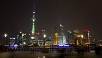 обоя города, шанхай , китай, фонари, огни, здания, башня