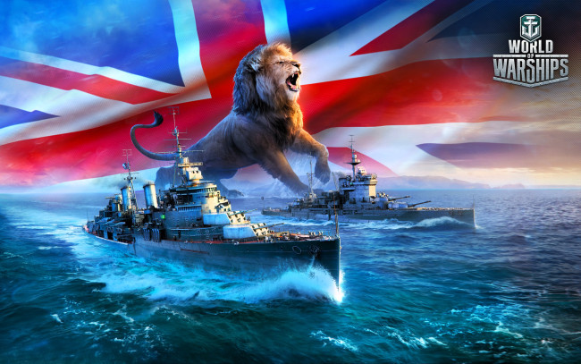 Обои картинки фото видео игры, world of warships, корабли, море, флаг, великобритания, лев