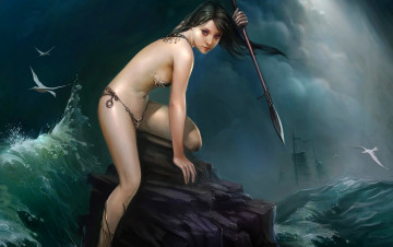 Картинка фэнтези девушки чайки копьё море